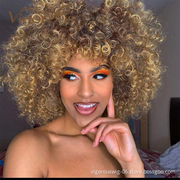 Vigorous Hot Selling Cheap Price Shoulder Length Kinky Curly Fluffy With Bangs Ombre Brown For Black Women Synthetic Hair Wigs